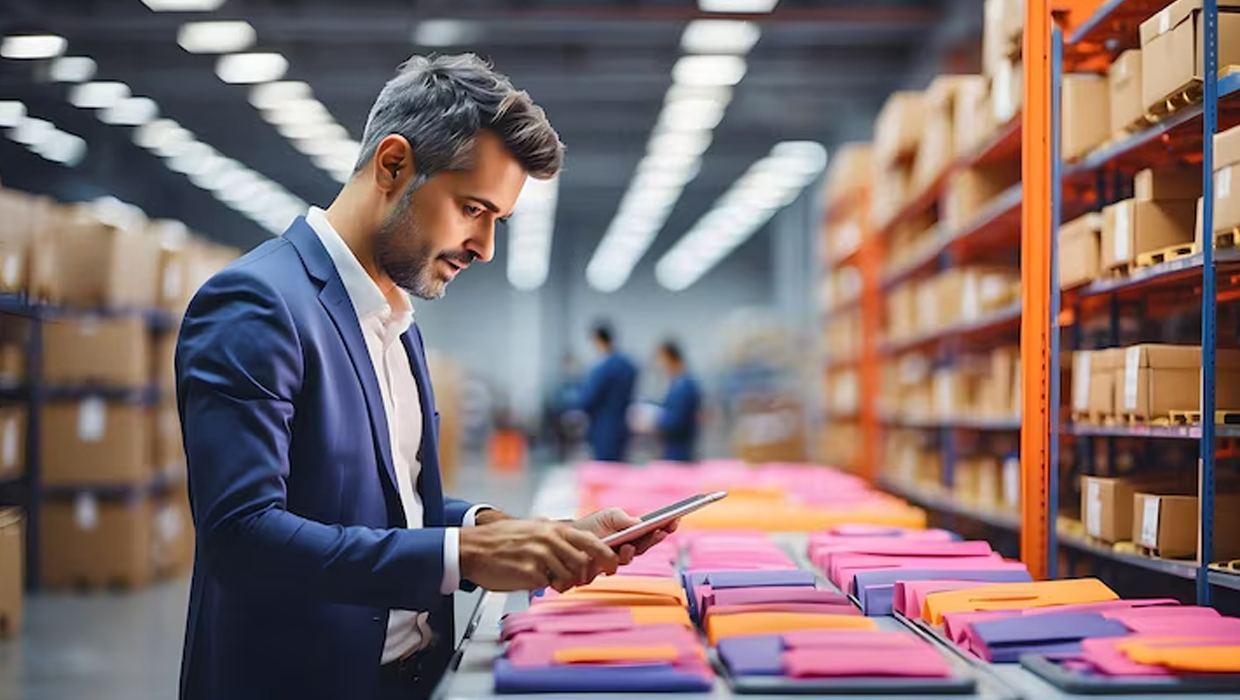 Stock take in progress with a mobile device on the warehouse floor